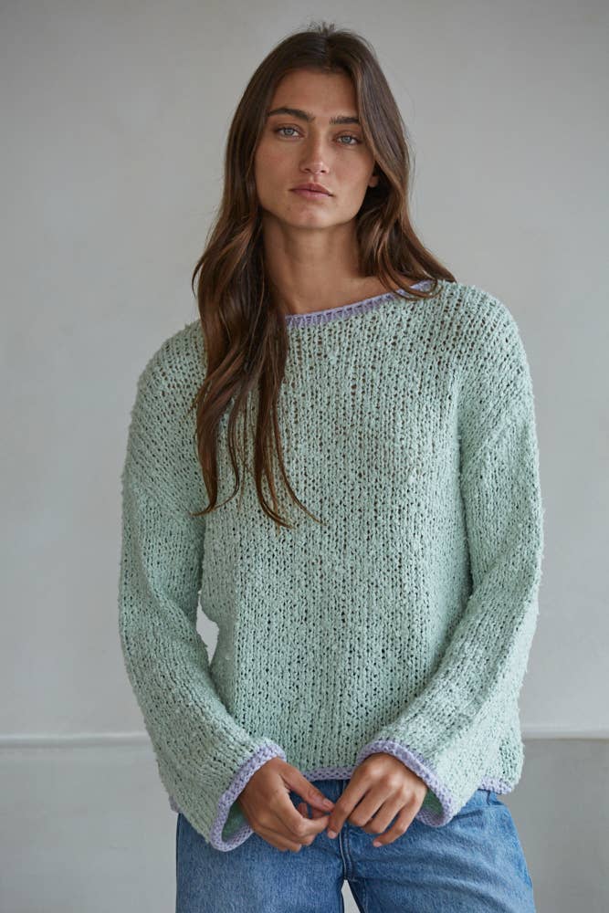 W1919 | Knit Sweater Pullover Top With Contrast Hems Detail: Mocha Ivory / L