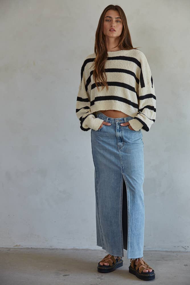 W1856 | Knit Sweater Striped Crewneck Long Sleeve Top: Natural Black / M