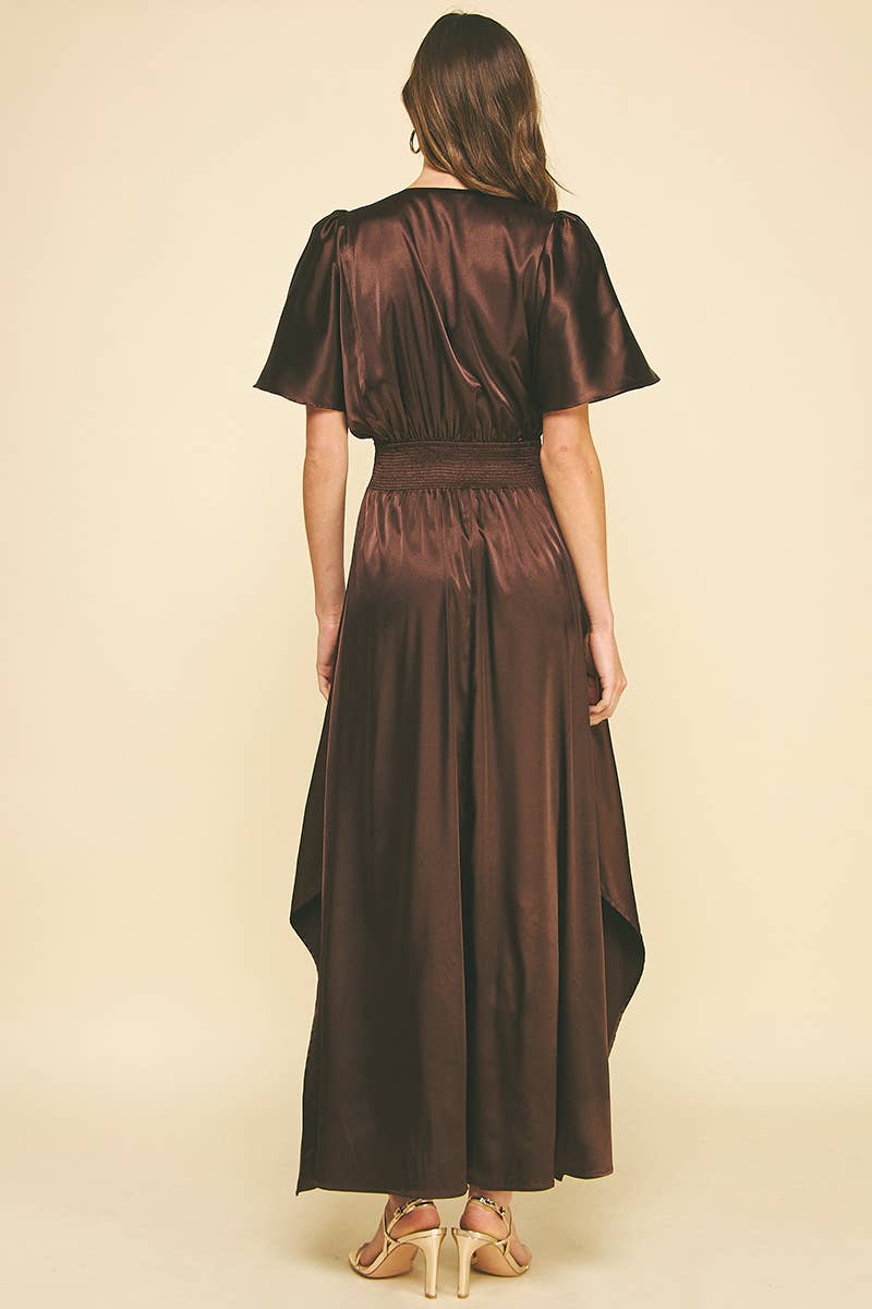 CHIFFON SLIT DETAILED MAXI DRESS: ESPRESSO