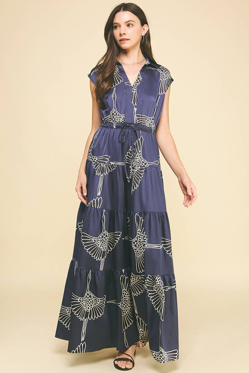 PRINT TIERED MAXI DRESS: NAVY