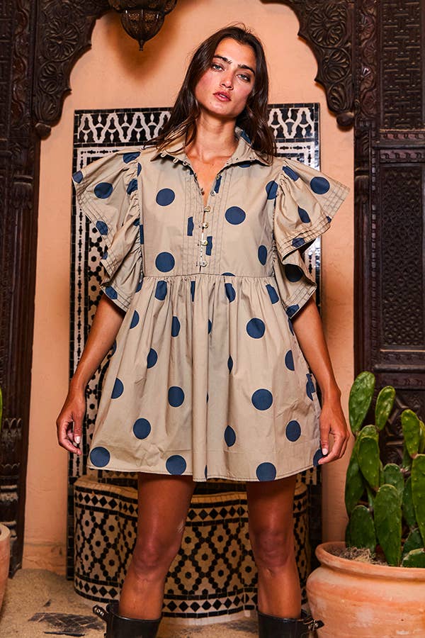 Ruffle Sleeve Pintuck Detail Polka Dot Mini Dress: Taupe