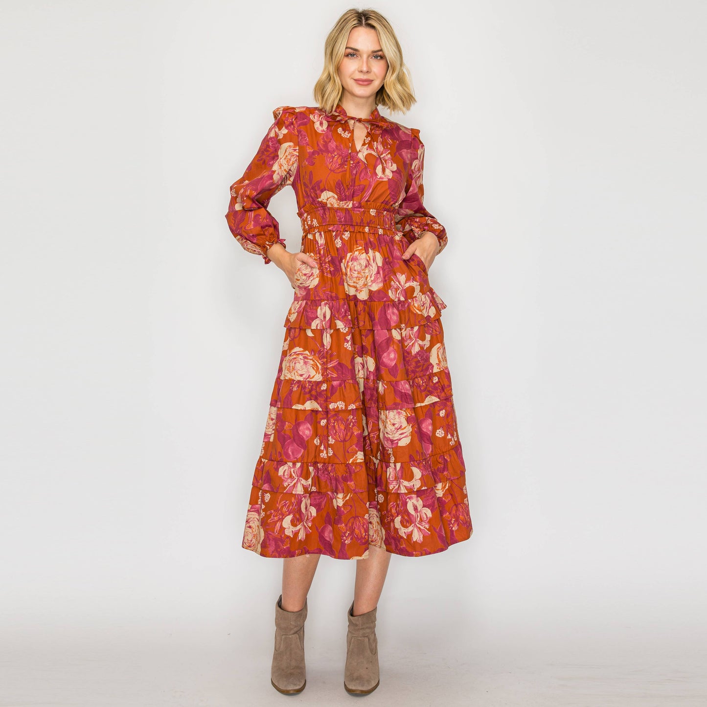 Rustic Rose Print Midi Dress