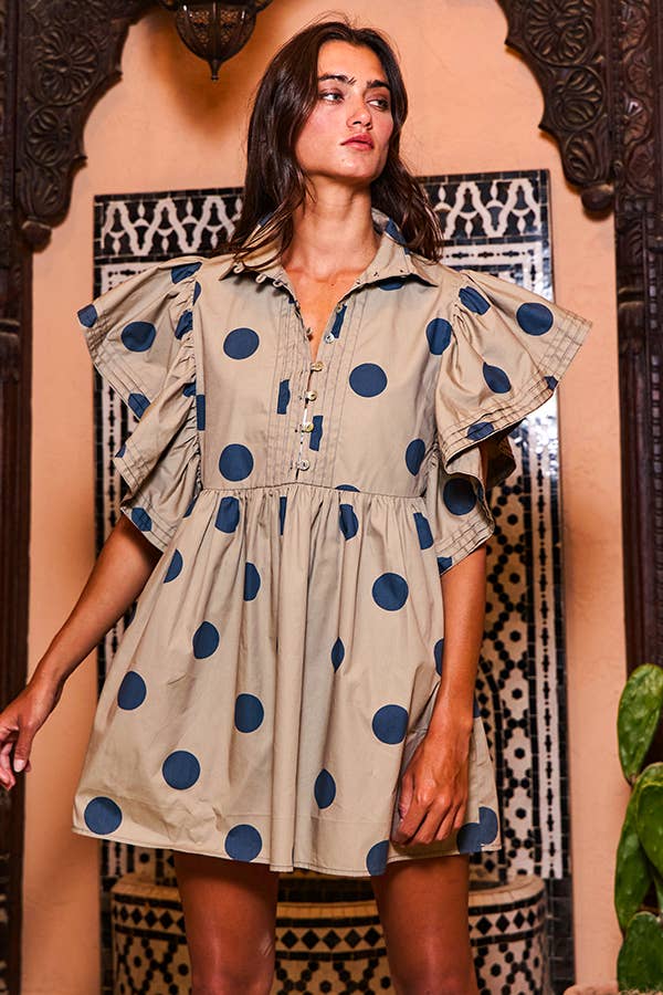 Ruffle Sleeve Pintuck Detail Polka Dot Mini Dress: Taupe
