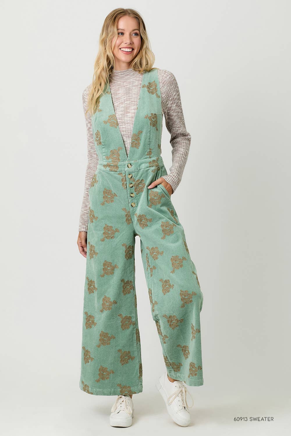 Embroidered Corduroy Jumpsuit: Washed Seafoam