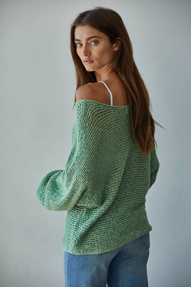 W1106 | Sweater Knit Crochet Round Neck Long Sleeve Top: Chocolate / Small
