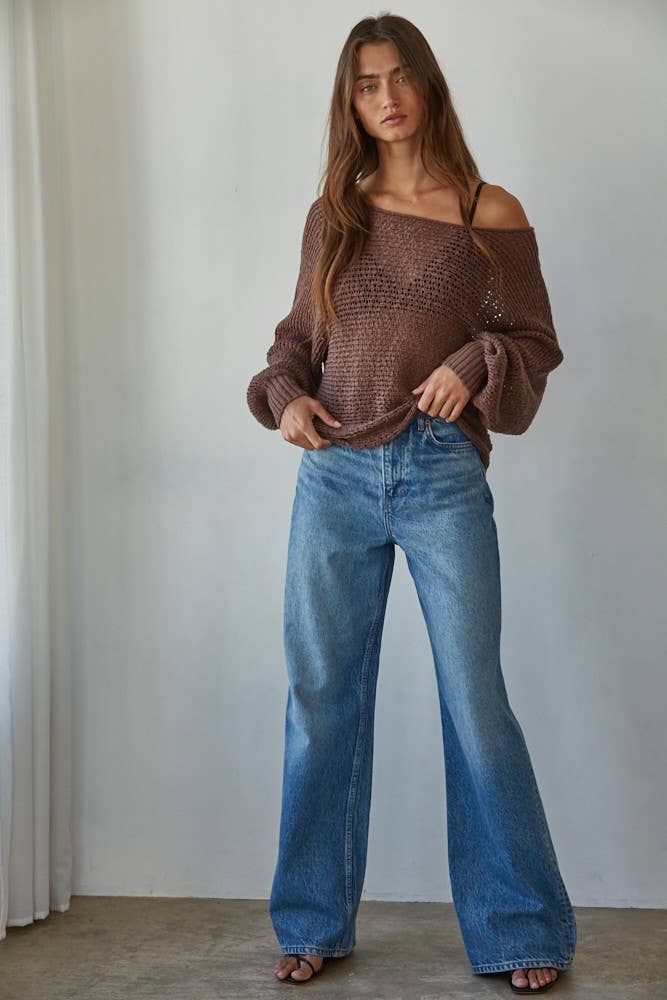 W1106 | Sweater Knit Crochet Round Neck Long Sleeve Top: Chocolate / Small