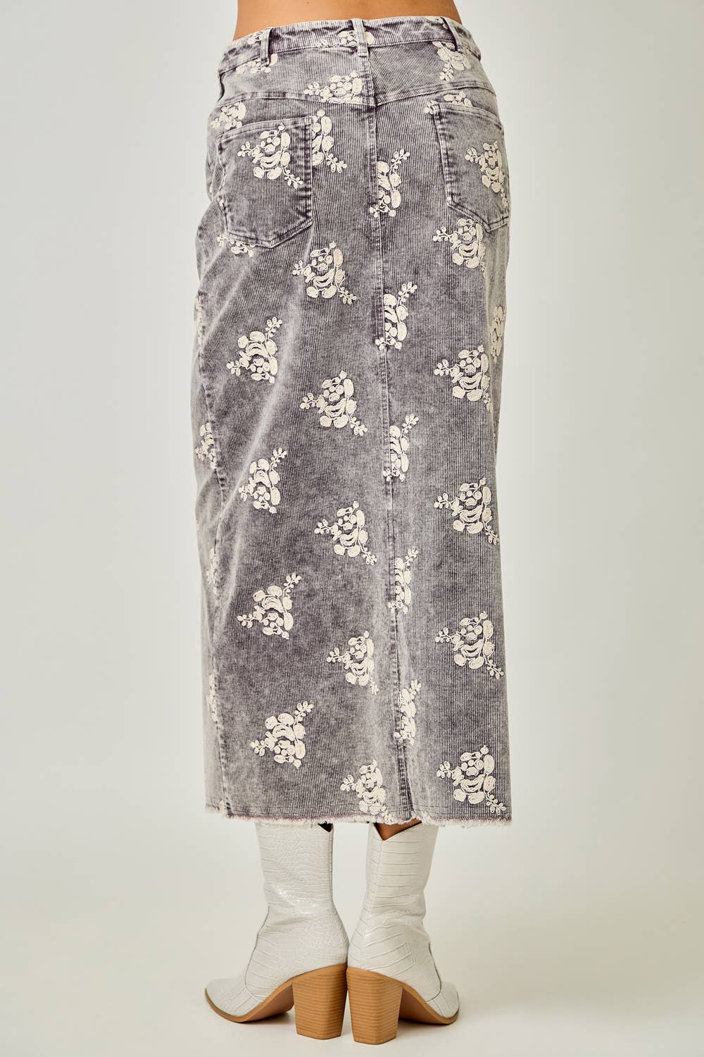 Embroidered Front Slit Corduroy Skirt: Washed Black