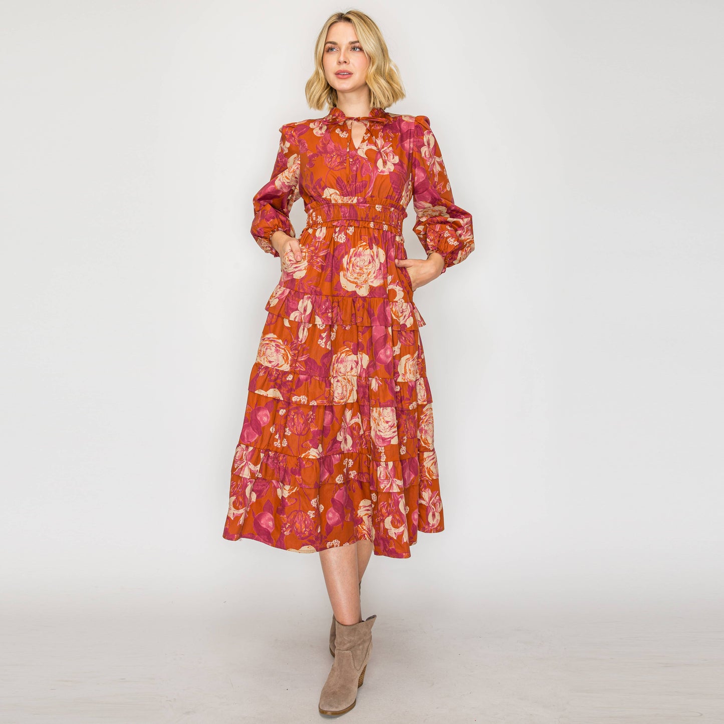 Rustic Rose Print Midi Dress