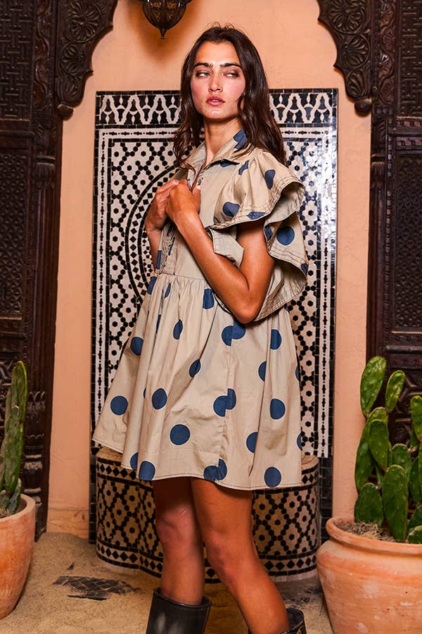 Ruffle Sleeve Pintuck Detail Polka Dot Mini Dress: Taupe