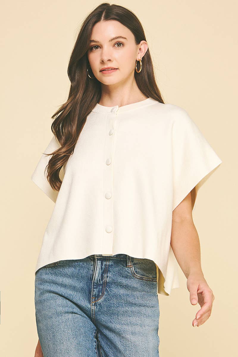 BUTTON DOWN CAP SLEEVE SWEATER: OATMEAL