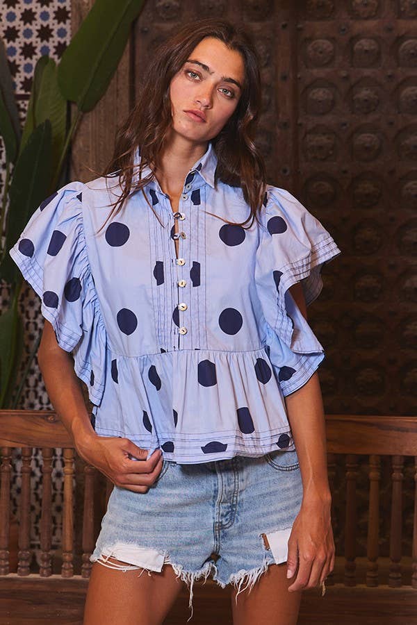 IT2337 Ruffle Sleeves Pintuck Detail Polka Dot Print top: Ivory/Black / S-M-L (2-2-2)