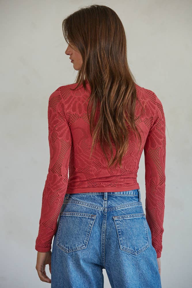 S1228 | Knit Seamless Jacquard Mock Neck Long Sleeve Top: Crimson / ML