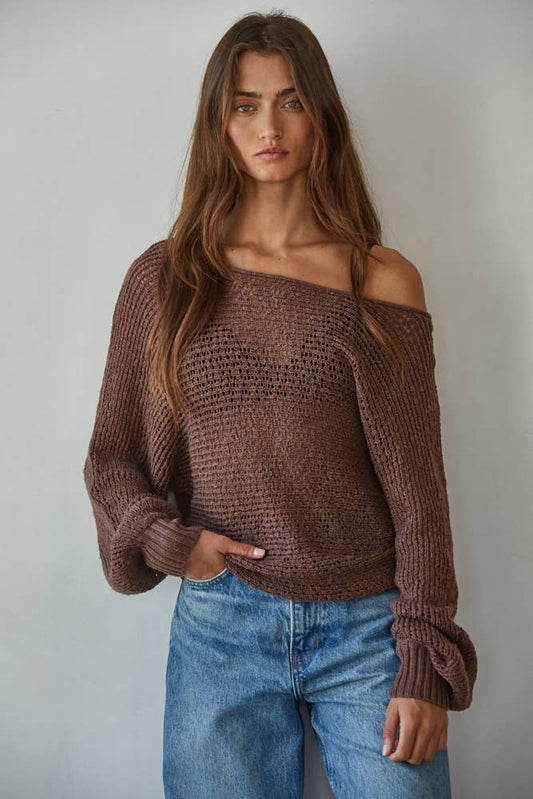 W1106 | Sweater Knit Crochet Round Neck Long Sleeve Top: Chocolate / Small