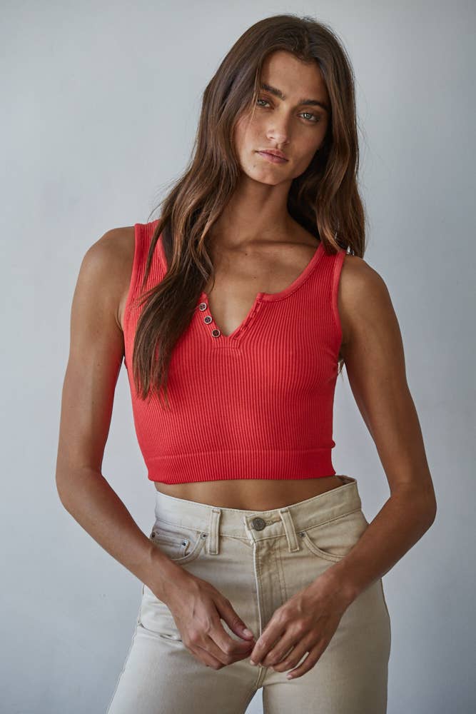 S1102N | Henley Ribbed Modal Tank: Powder Pink / ML