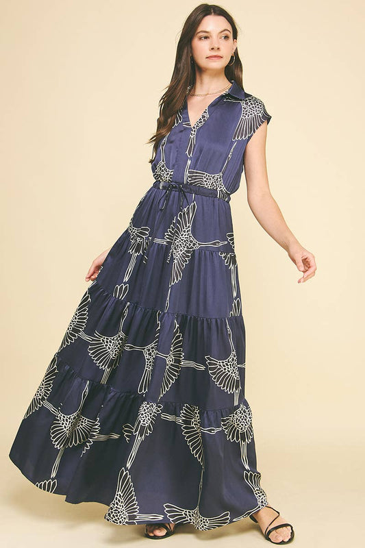 PRINT TIERED MAXI DRESS: NAVY