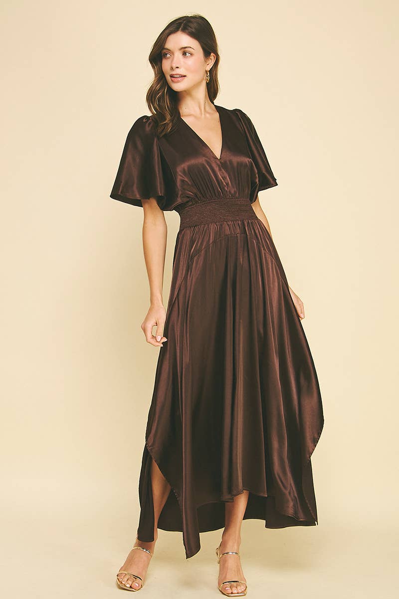 CHIFFON SLIT DETAILED MAXI DRESS: ESPRESSO