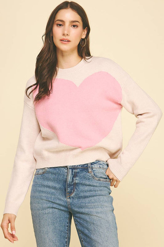 HEART CREW NECK SWEATER - 7034WS: LIGHT PINK / S