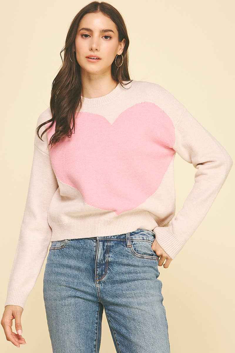 HEART CREW NECK SWEATER - 7034WS: LIGHT PINK / L