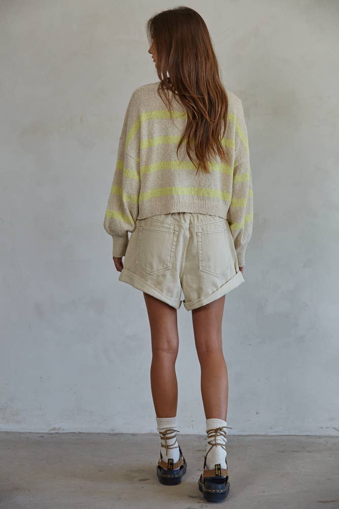 W1856 | Knit Sweater Striped Crewneck Long Sleeve Top: Natural Black / S