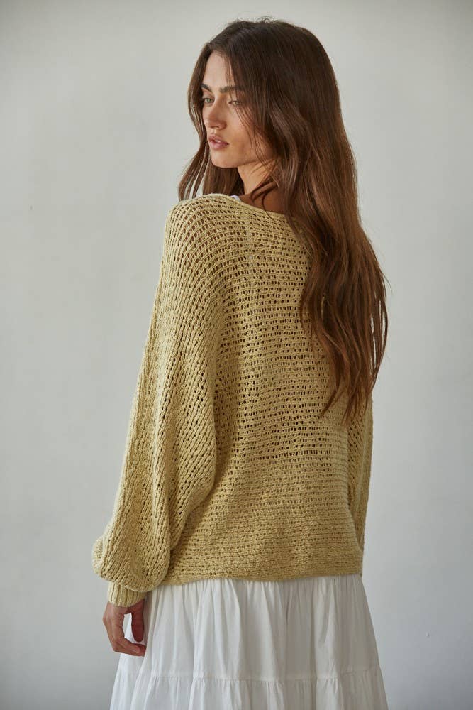 W1106 | Sweater Knit Crochet Round Neck Long Sleeve Top: Chocolate / Small