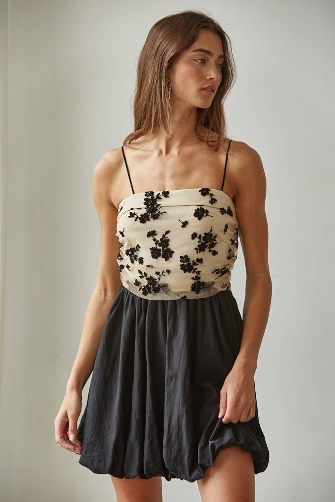 L8891 | Woven Nylon Mesh Floral Pattern Flocked Velvet Tube : Nude Black / S