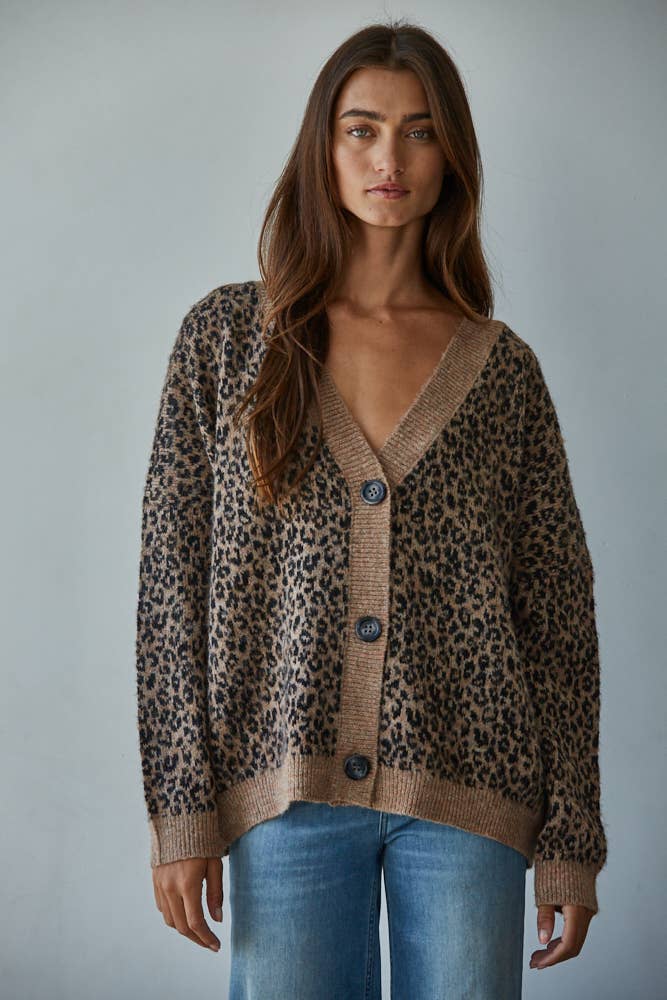 W2334 | Knit Sweater V-Neck Animal Print Cardigan: Mocha Black / S