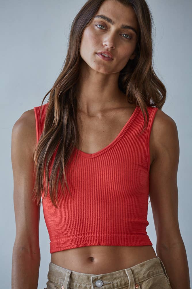 S1050N | Seamless Sleeveless UV Neck Reversible Tank Top: Tomato / ML