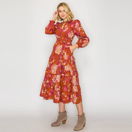 Rustic Rose Print Midi Dress