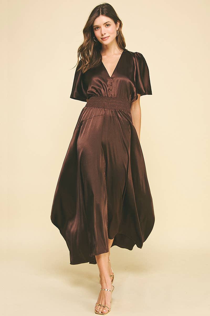 CHIFFON SLIT DETAILED MAXI DRESS: ESPRESSO