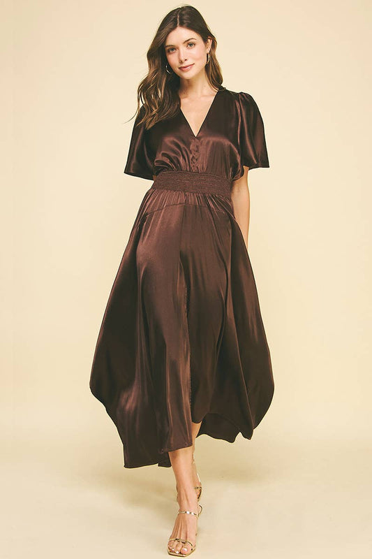 CHIFFON SLIT DETAILED MAXI DRESS: ESPRESSO