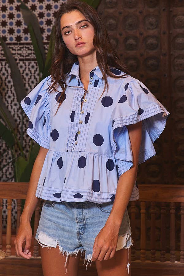 IT2337 Ruffle Sleeves Pintuck Detail Polka Dot Print top: Ivory/Black / S-M-L (2-2-2)