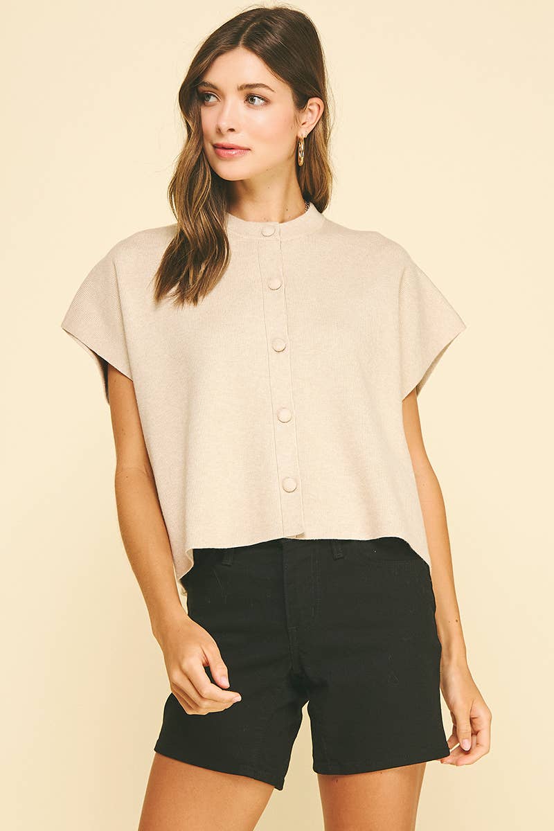 BUTTON DOWN CAP SLEEVE SWEATER: OATMEAL