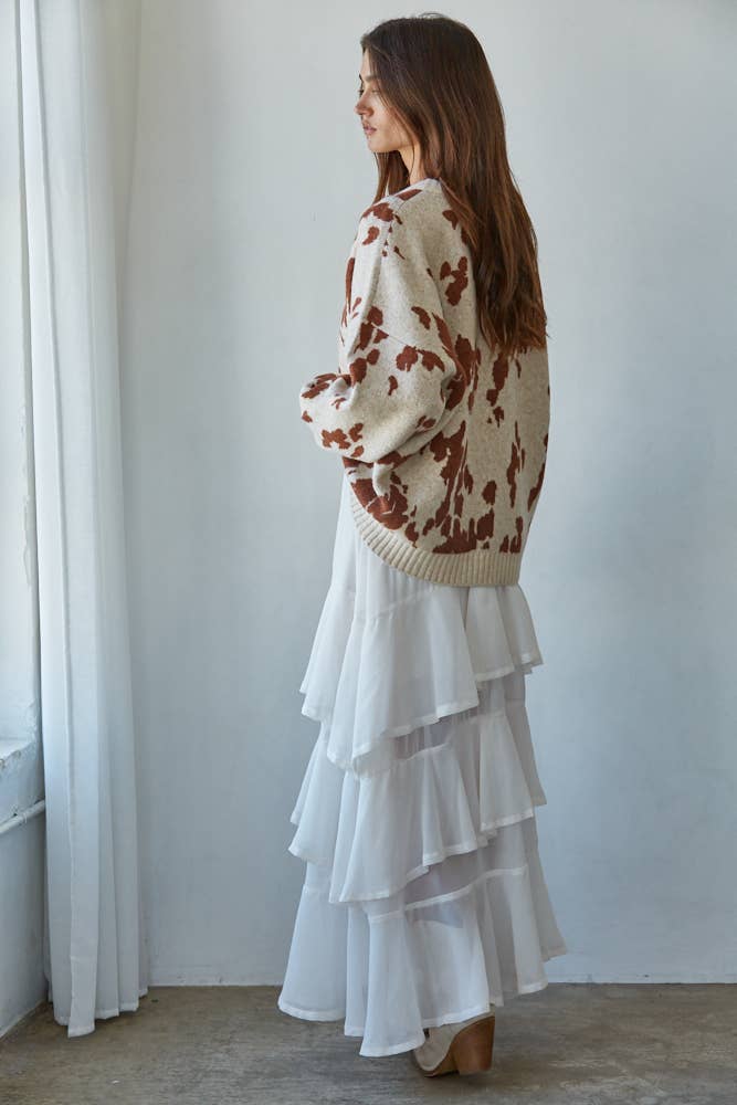 W2311 | Knit Sweater Animal Pattern Detail Top: Natural Camel / M