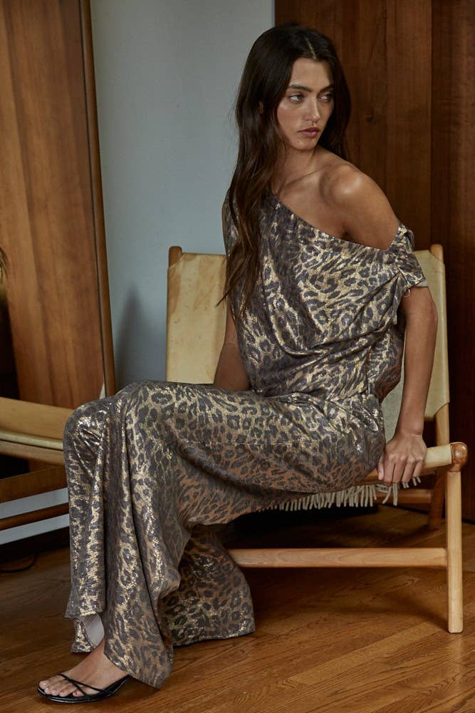 L8965T | Woven Satin Animal Print Off The Shoulder Top: Gold