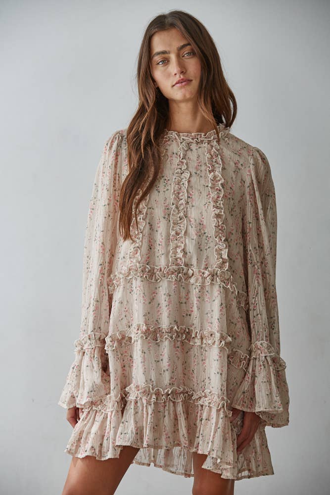 L9046 | Woven Polyester Floral Ruffle Detail Mini Dress : Blush Multi / M