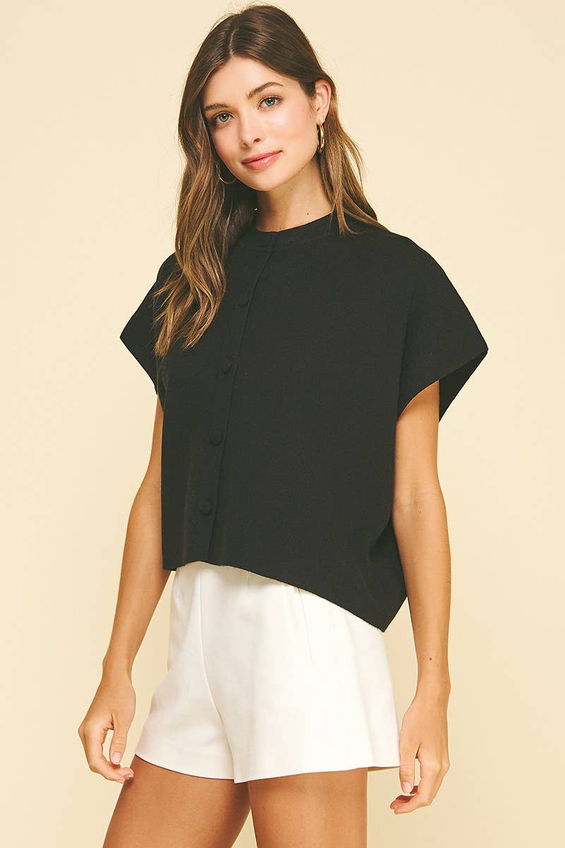 BUTTON DOWN CAP SLEEVE SWEATER: Black