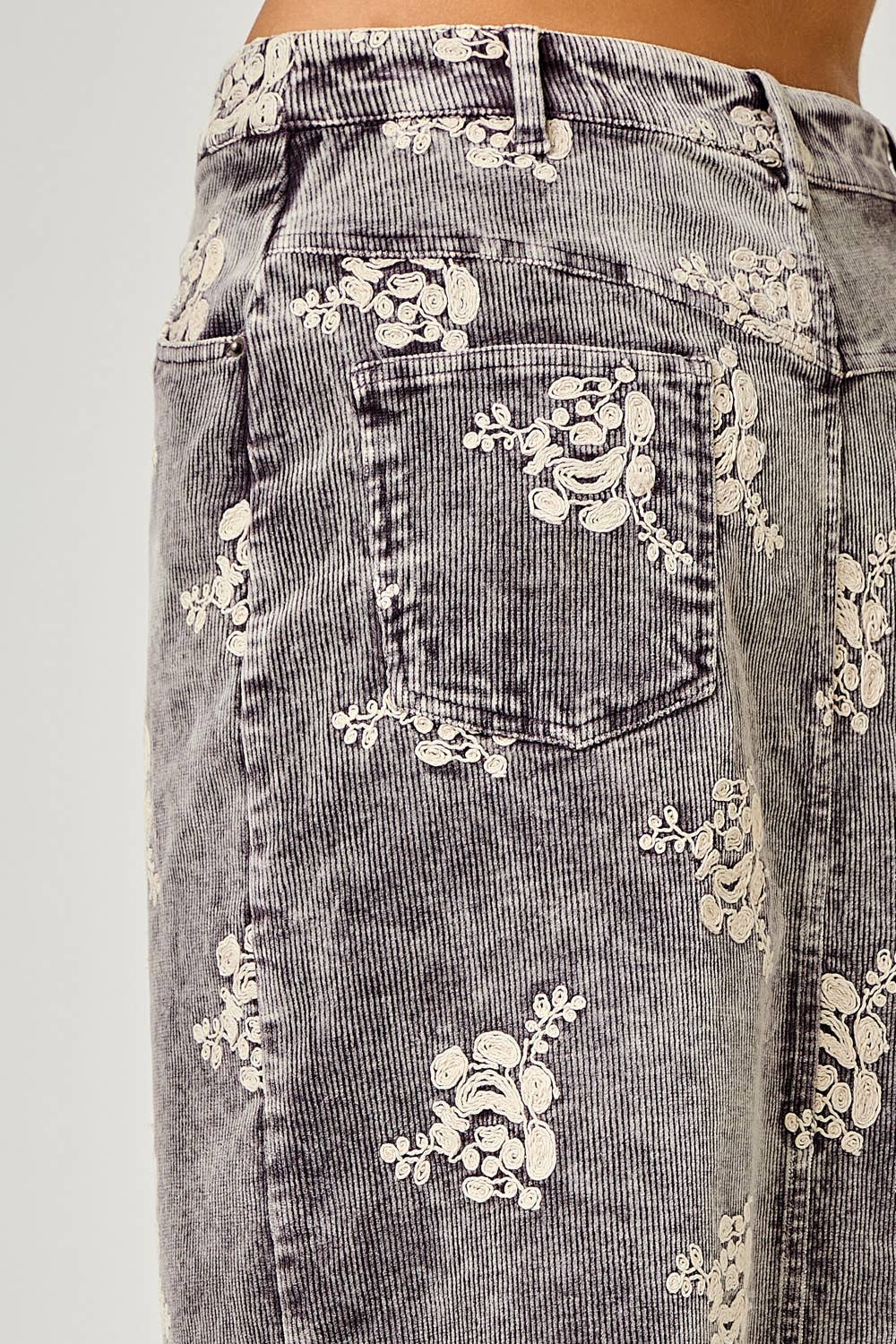 Embroidered Front Slit Corduroy Skirt: Washed Black