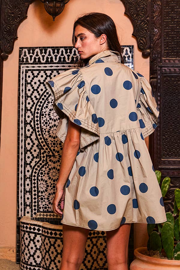 Ruffle Sleeve Pintuck Detail Polka Dot Mini Dress: Taupe