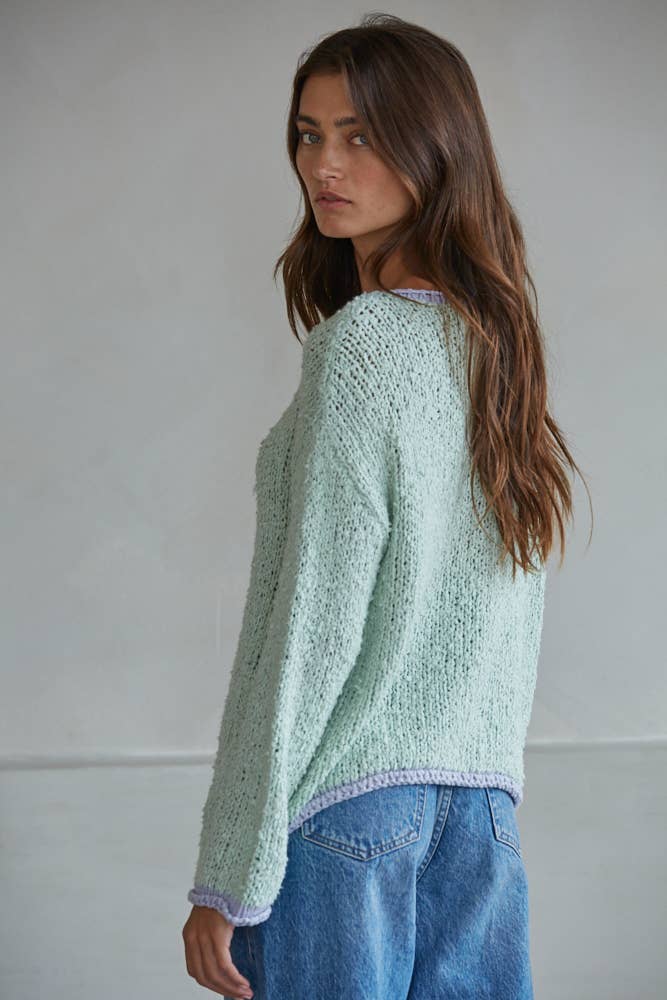 W1919 | Knit Sweater Pullover Top With Contrast Hems Detail: Mocha Ivory / M