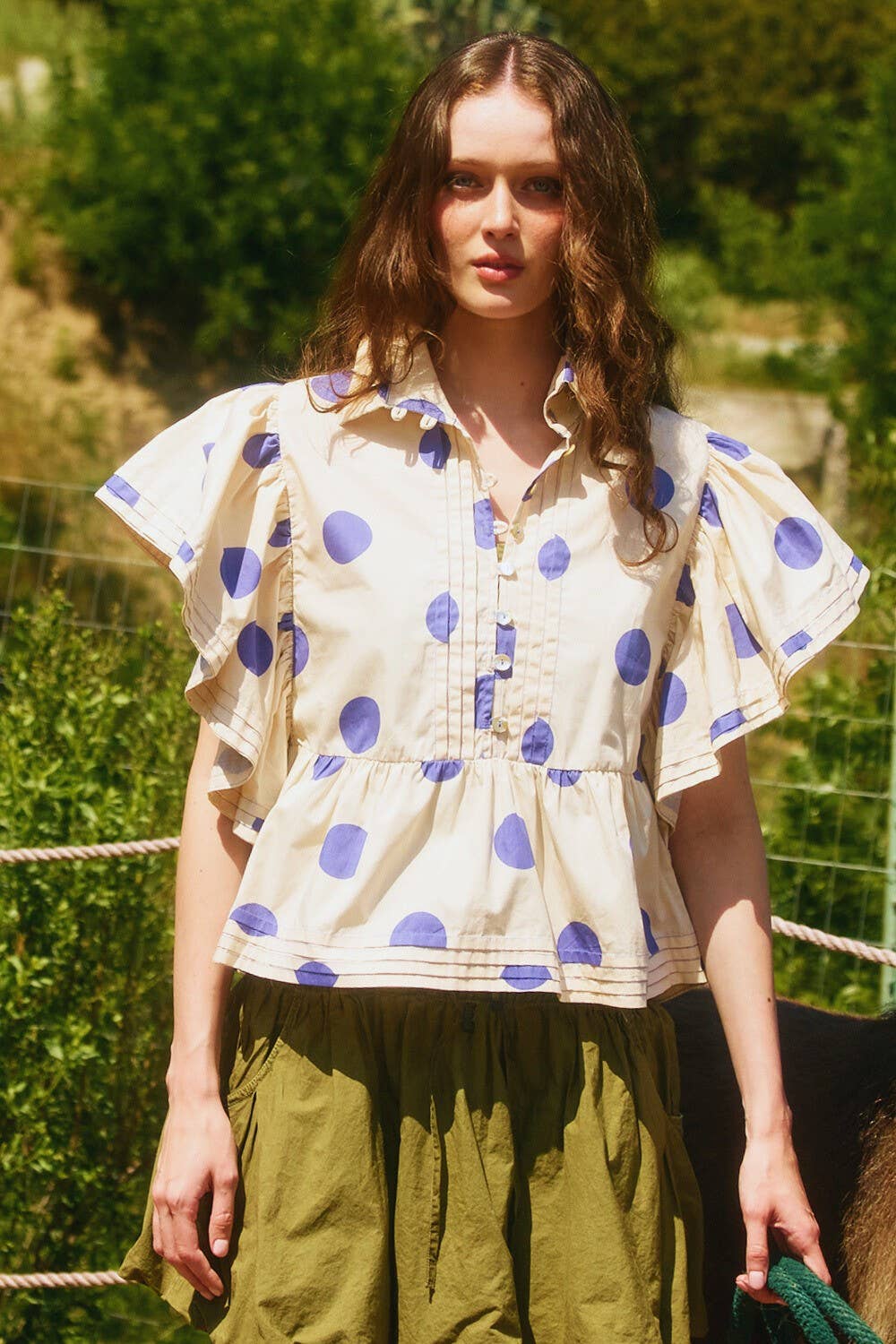 IT2337 Ruffle Sleeves Pintuck Detail Polka Dot Print top: Ivory/Black / S-M-L (2-2-2)