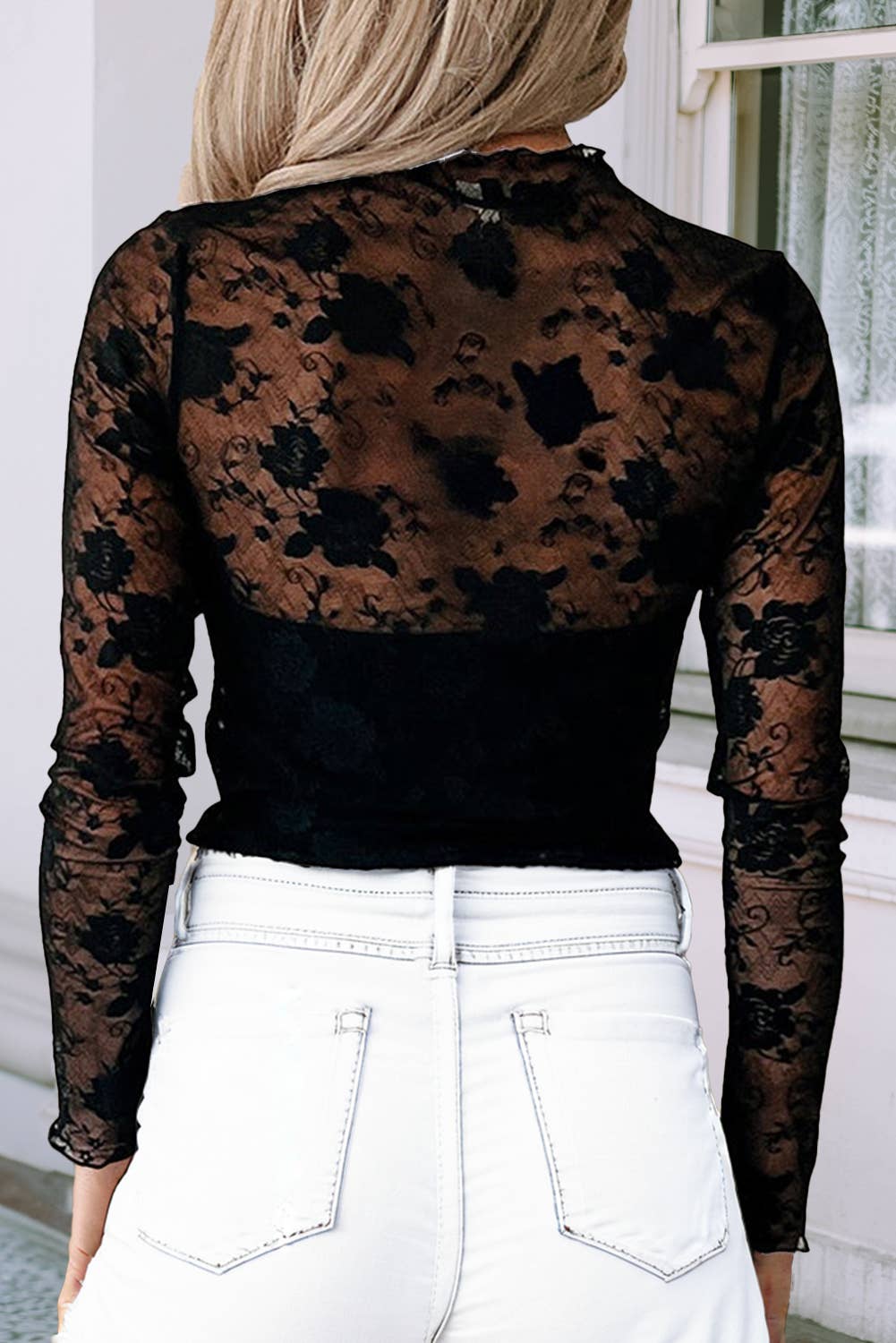 LDC Mock Neck Floral Lace Mesh Long Sleeve Top: Black / S