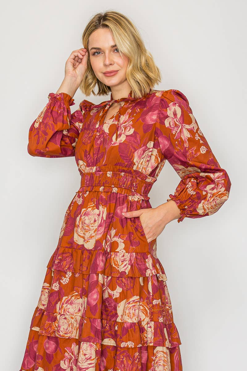 Rustic Rose Print Midi Dress