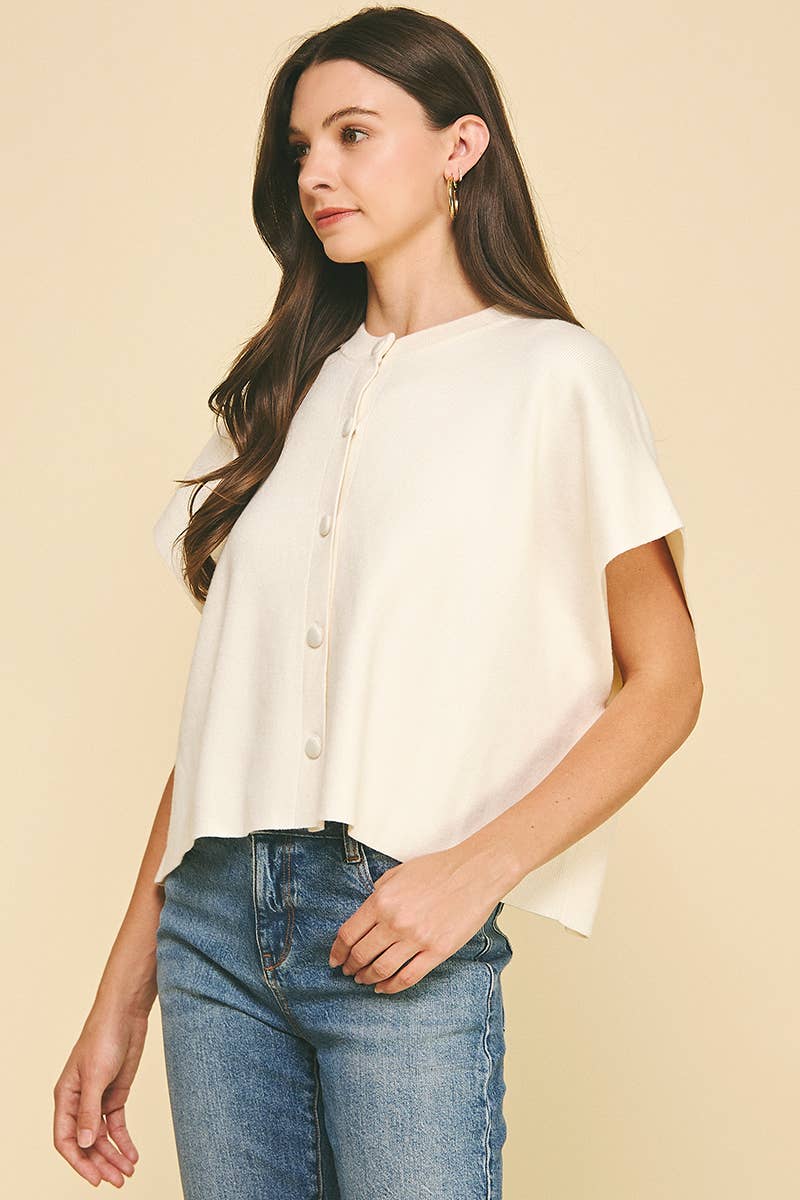 BUTTON DOWN CAP SLEEVE SWEATER: OATMEAL