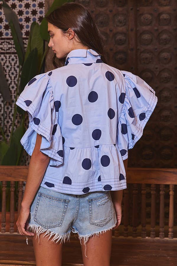 IT2337 Ruffle Sleeves Pintuck Detail Polka Dot Print top: Ivory/Black / S-M-L (2-2-2)