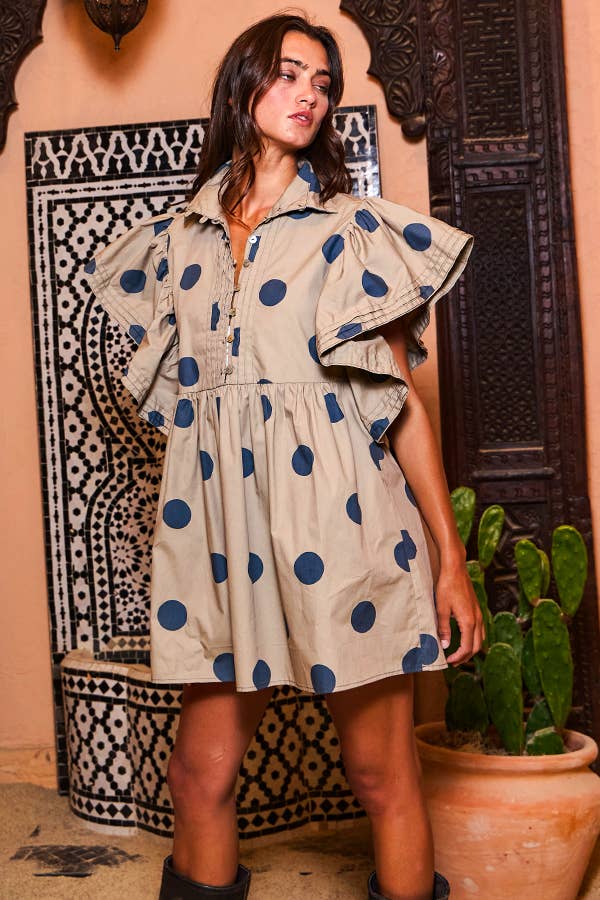 Ruffle Sleeve Pintuck Detail Polka Dot Mini Dress: Taupe