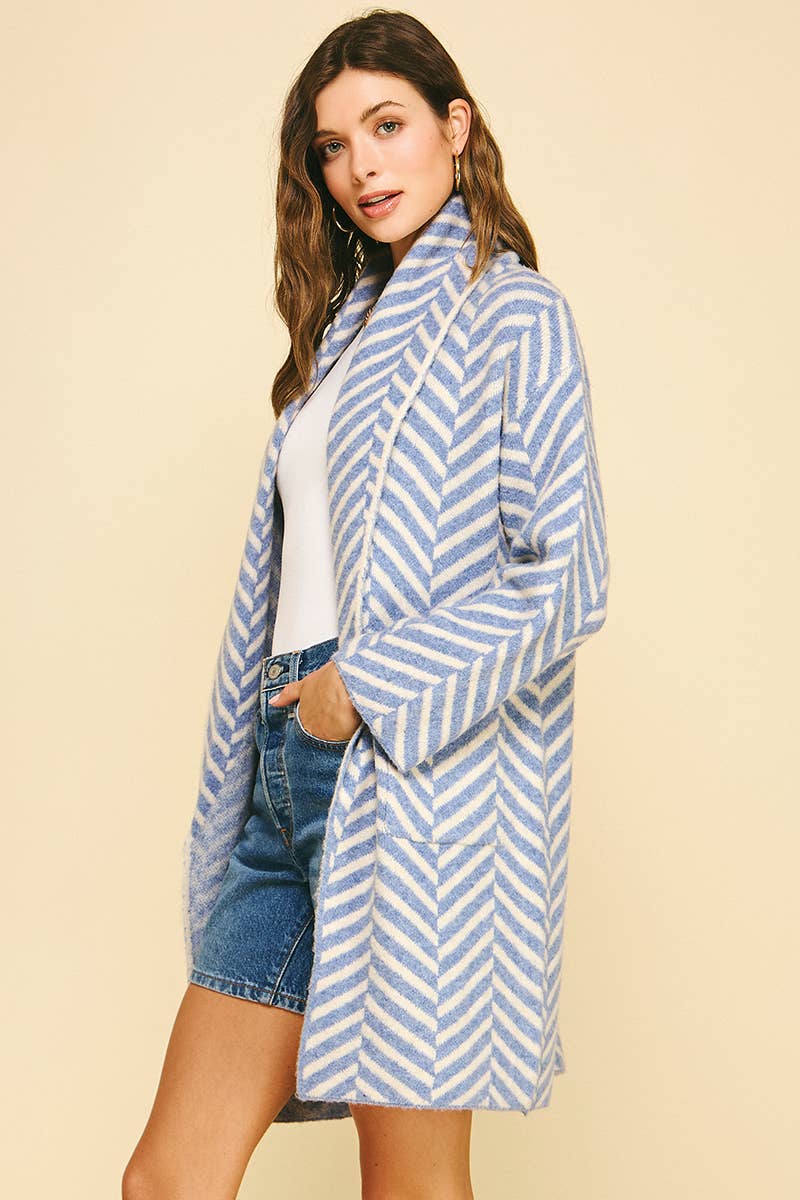 DIAGONAL STRIPE PATTERN CARDIGAN: Blue