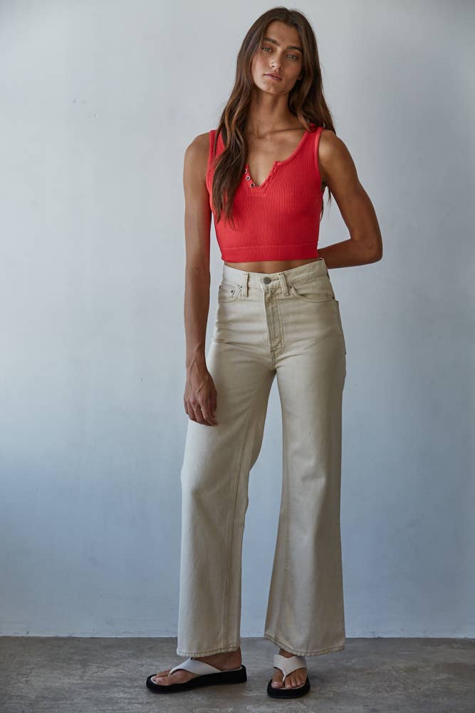 S1102N | Henley Ribbed Modal Tank: Cream / ML