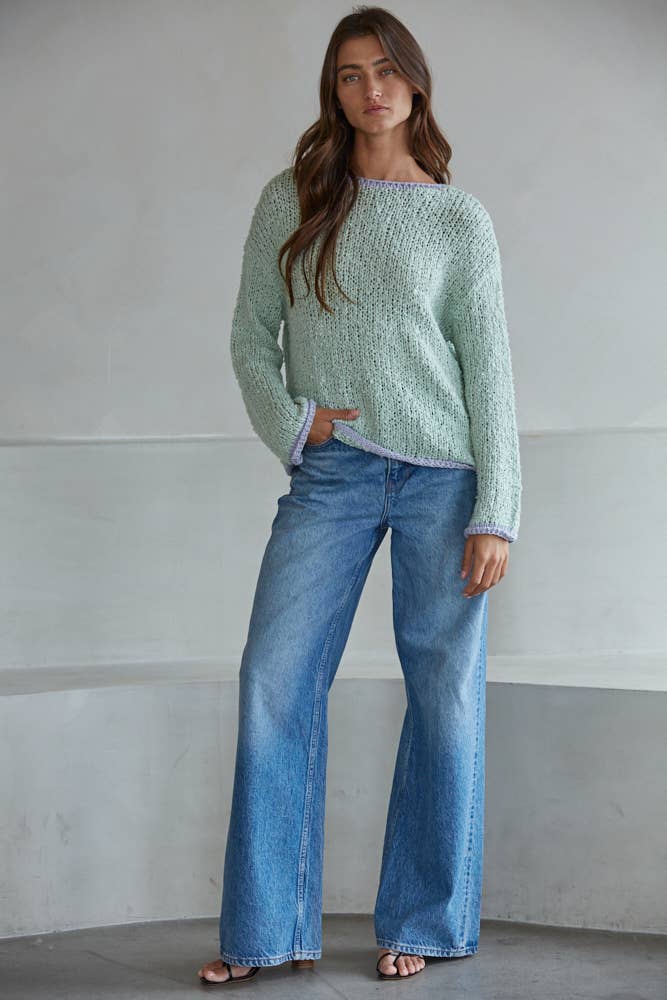 W1919 | Knit Sweater Pullover Top With Contrast Hems Detail: Mocha Ivory / L