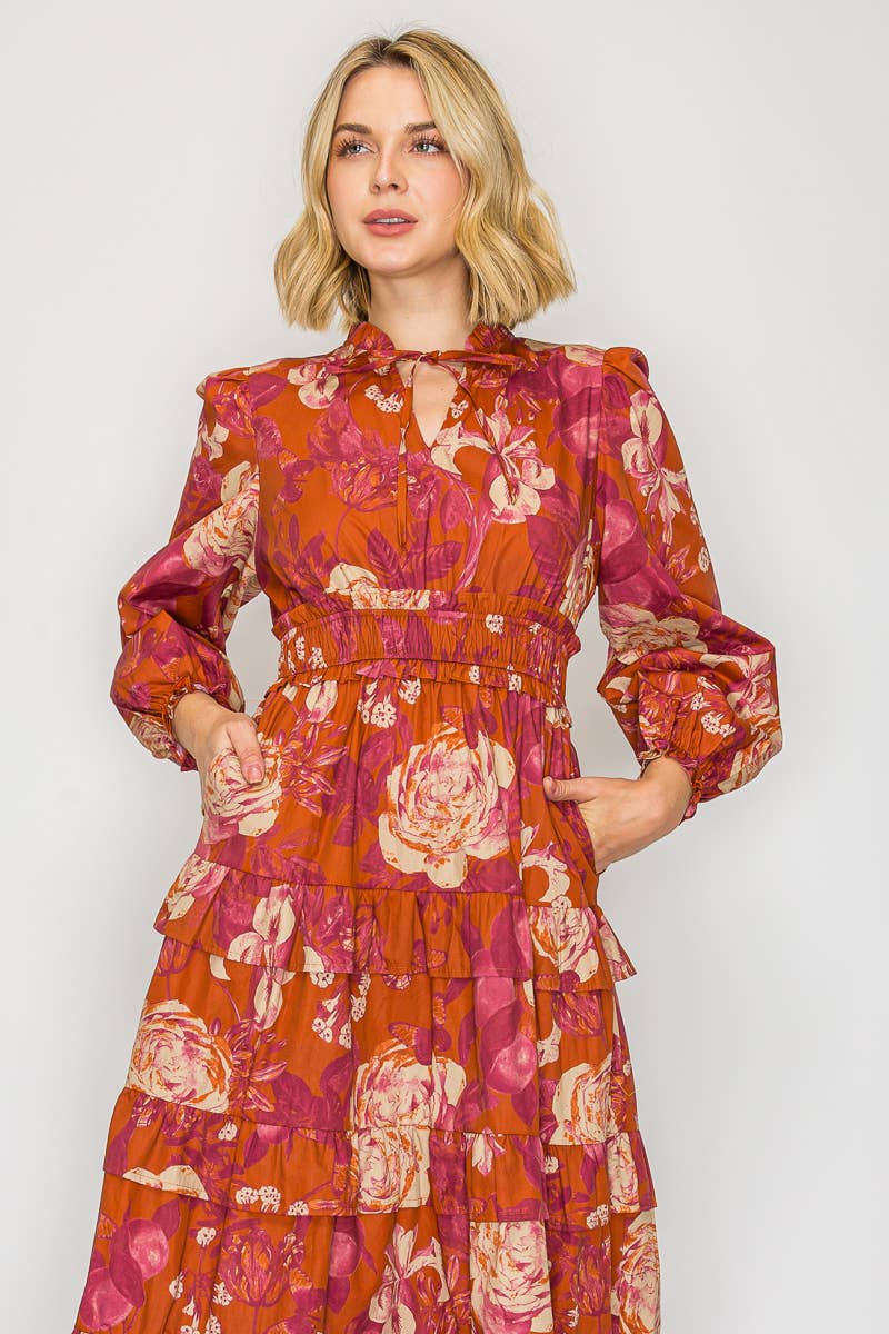 Rustic Rose Print Midi Dress