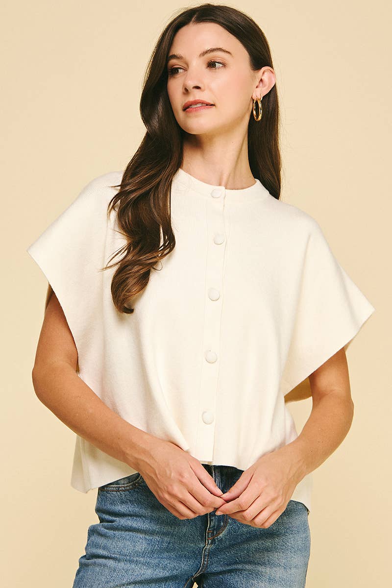 BUTTON DOWN CAP SLEEVE SWEATER: OATMEAL